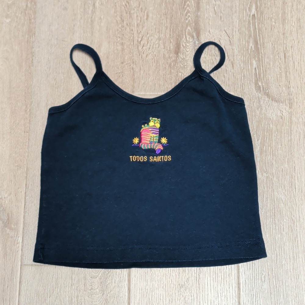 Caribe Caribbean Todos Santos Embroidered Cropped Tank Top Womens M Fits S Navy